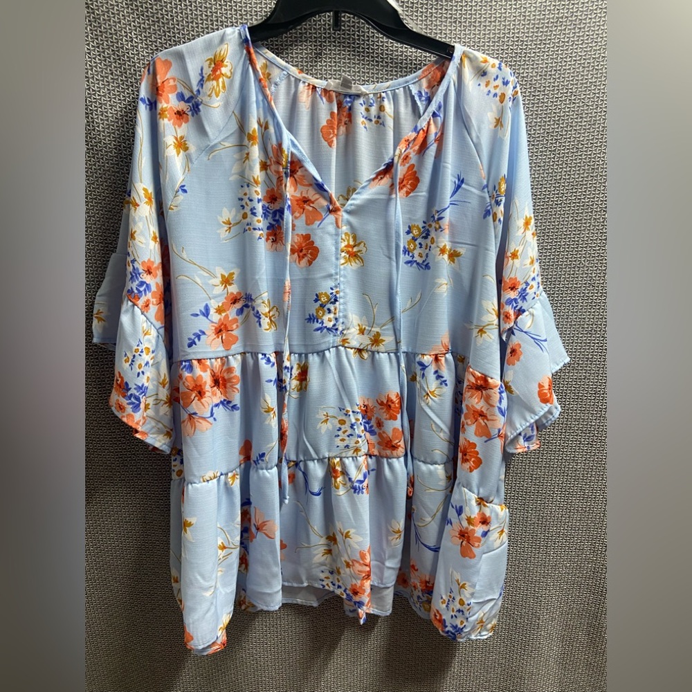Chic Soul 2X Blue Ruffle Floral Shirt